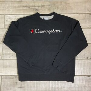 Champion Crewneck Sweatshirt Mens Black Pullover Logo Embroidered L‎ Large